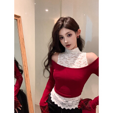 批发实拍实价 圣诞红色针织长袖t恤上衣女蕾丝背心高级感波点短<b class='q'>裤</b>套<b class='q'>装</b>