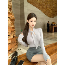 实拍实价 秋冬领结设计感气质针织上衣T恤百搭显瘦灰色包臀裙短裙