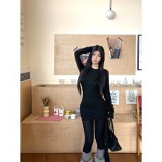 批发实拍实价 秋冬辣妹堆堆袖连衣裙显瘦设计感绑带长袖裙子条纹<b class='q'>丝袜</b>