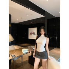 批发实拍实价 春夏美式辣妹半高领修身背心t恤女百搭显瘦内搭无袖<b class='q'>上衣</b>