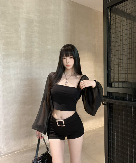 실사 정가 여름 순수한 욕망 핫걸 바람 몸매 가꾸기 검정색 망사 패치워크 벌룬 소매 허리 수축 긴팔 맨위 여성