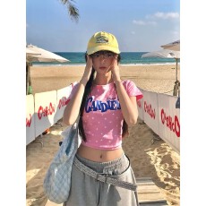 220克92%棉8%氨纶正肩满印星星短袖T恤女