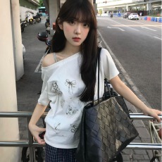 批发【220克92%棉8%氨纶】美式辣妹斜肩字母印花<b class='q'>短袖</b>T恤<b class='q'>女</b>