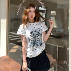 40支220克精梳92%+8%氨纶后包领波点修身正肩短袖t恤女