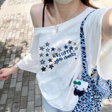 220克92%棉8%氨纶美式辣妹斜肩字母印花短袖T恤女