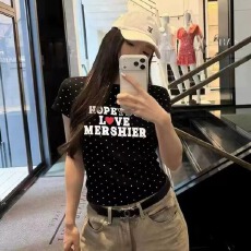 40支210克精梳92%棉+8%氨纶后包领修身正肩短袖t恤女夏波点