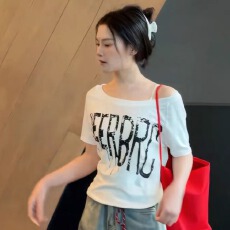 批发【220克92%棉8%氨纶】美式辣妹斜肩字母印花短袖<b class='q'>T</b><b class='q'>恤</b>女