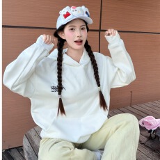 华棉复合无帽绳有口袋连帽卫衣女印花，薄款+加绒