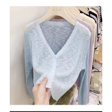批发<b class='q'>韩版</b>纯色V领甜美长袖针织开衫薄款舒适休闲防晒短款小外套女春