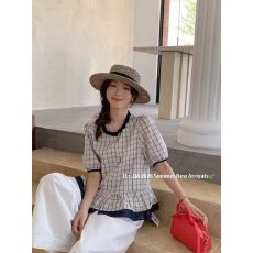 批发韩系木耳边<b class='q'>格子</b>短袖<b class='q'>衬衫</b>女夏季2026新款宽松显瘦百搭撞色小衫上衣