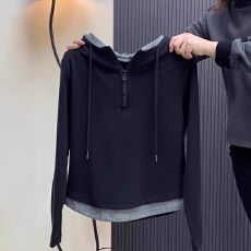 批发假两件连帽卫衣半拉链上衣女秋冬季新款大码黑色显瘦休闲长袖