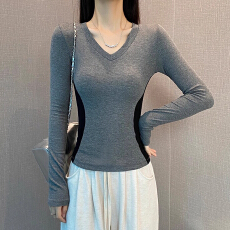 批发T恤韩版设计感收腰显瘦长袖女运动秋<b class='q'>冬</b>V领拼接撞色高端内搭打底衫