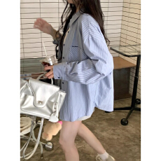 批发纯棉条纹衬衫韩版春秋法式<b class='q'>外套女</b>学院风秋冬防晒气质长袖上衣宽松