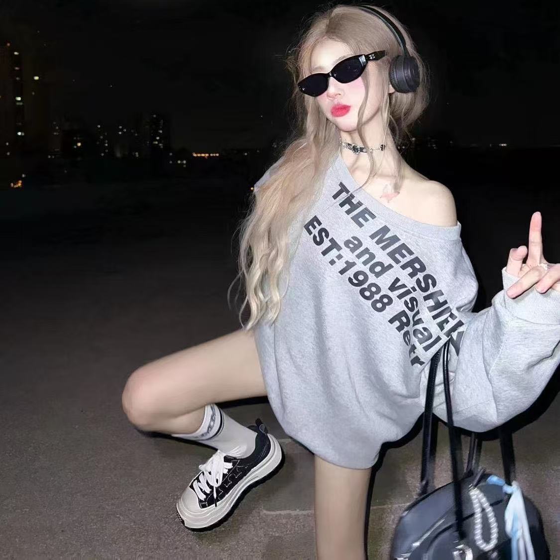 후드티 핫걸 아메리칸 레트로 비스듬한 어깨 여성 봄 가을 루즈핏 느긋한 바람 맨위