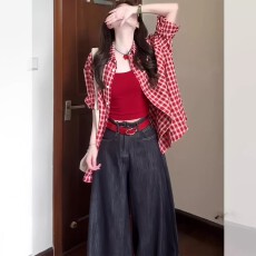 批发复古美式红色<b class='q'>格子</b>防晒长袖衬衫衬衣女新款夏季绝美上衣