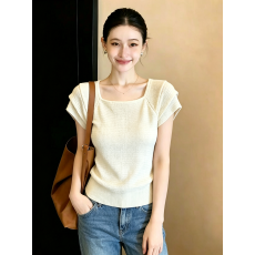 批发夏季女款净色镂空小众设计方领上衣洋气时尚甜美双层小飞袖针织衫