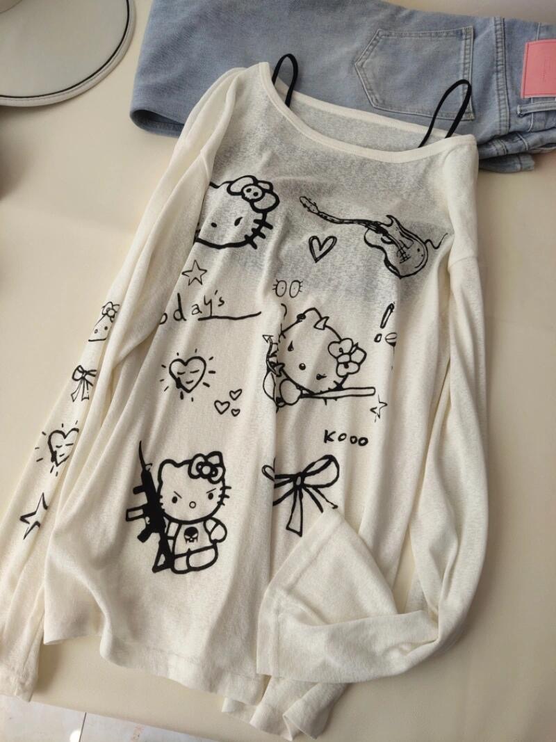 대나무 마디 리브 만화 kt 고양이 자외선 차단 블라우스 긴팔 여성 루즈핏 한 부서 달콤함 맨위