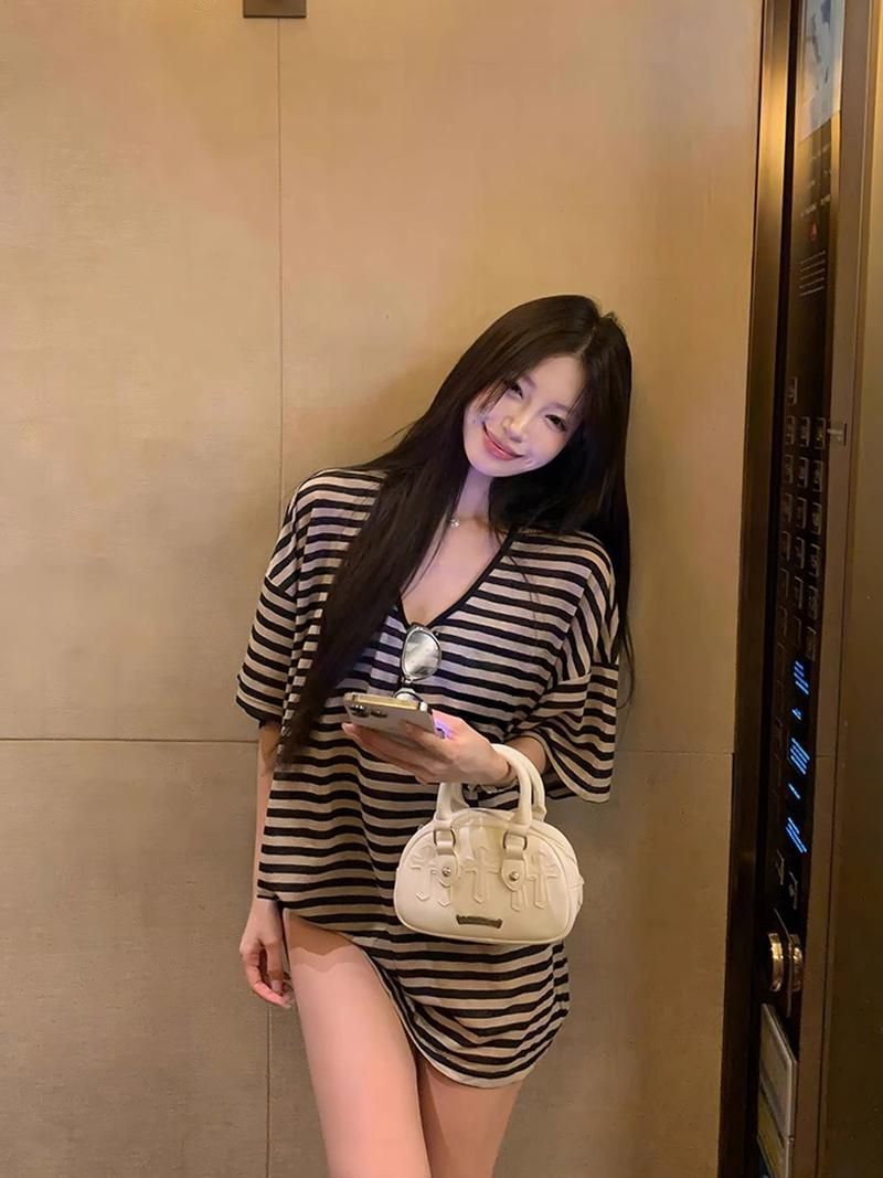 리브 스트라이프 패치워크 한 바람 다용도 맨위 루즈핏 조류 소녀