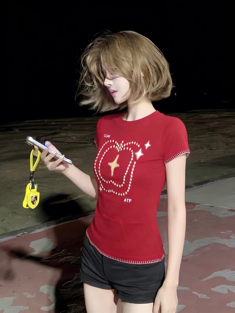 아메리칸 핫걸 레트로 명시적 스티치 디자인 반팔 티셔츠 여성 작은 키 긍정적 인 어깨 몸매 가꾸기 라운드 넥 맨위