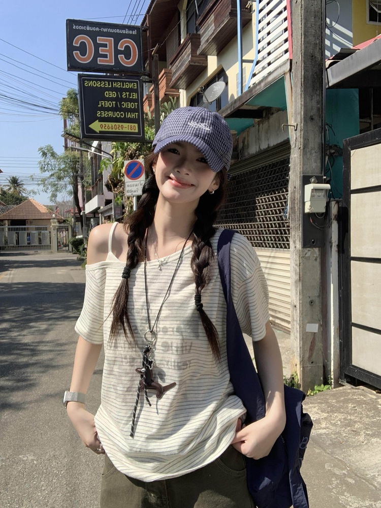 여름 디자인 센스 비스듬한 어깨 프린트 스트라이프 반팔 티셔츠 여성 여름 루즈핏 느긋한 바람 다용도 맨위