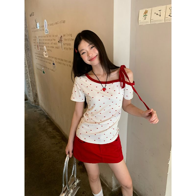 40 92 면 8 암모니아 Lun 하트 프린트 비스듬한 어깨 반팔 티셔츠 여성 여름 스트랩 몸매 가꾸기 맨위