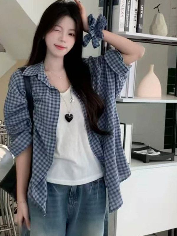 한국 스타일 루즈핏 느긋한 바람 자외선 차단 여성 셔츠 여름 얇은 스타일 레트로 체크무늬 긴팔 셔츠 재킷 맨위