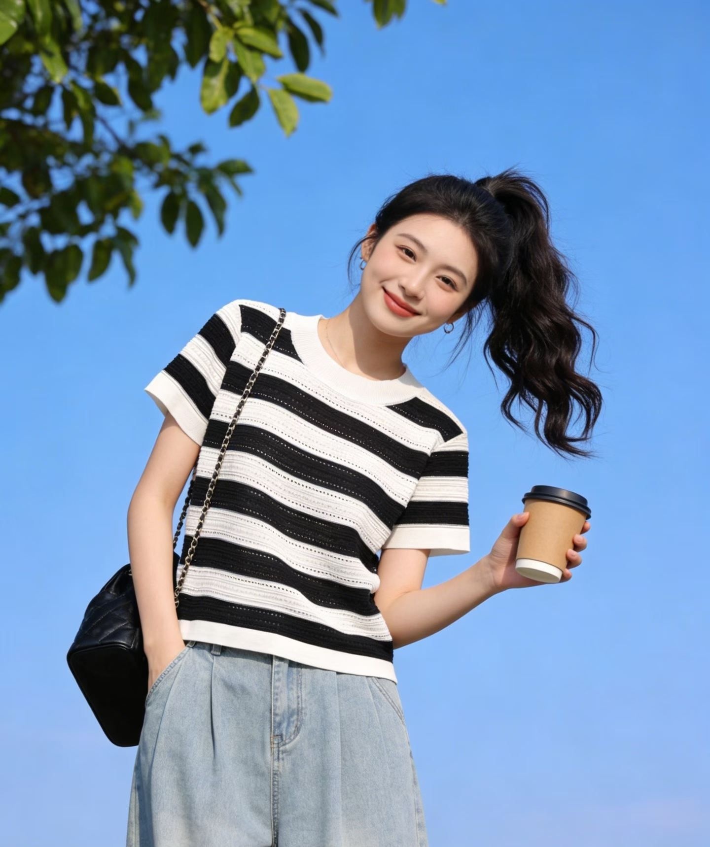 2026 년 여름 새로운 패션 미니멀리즘 라운드 넥 스트라이프 홀로우 아웃 니트 풀오버 반팔