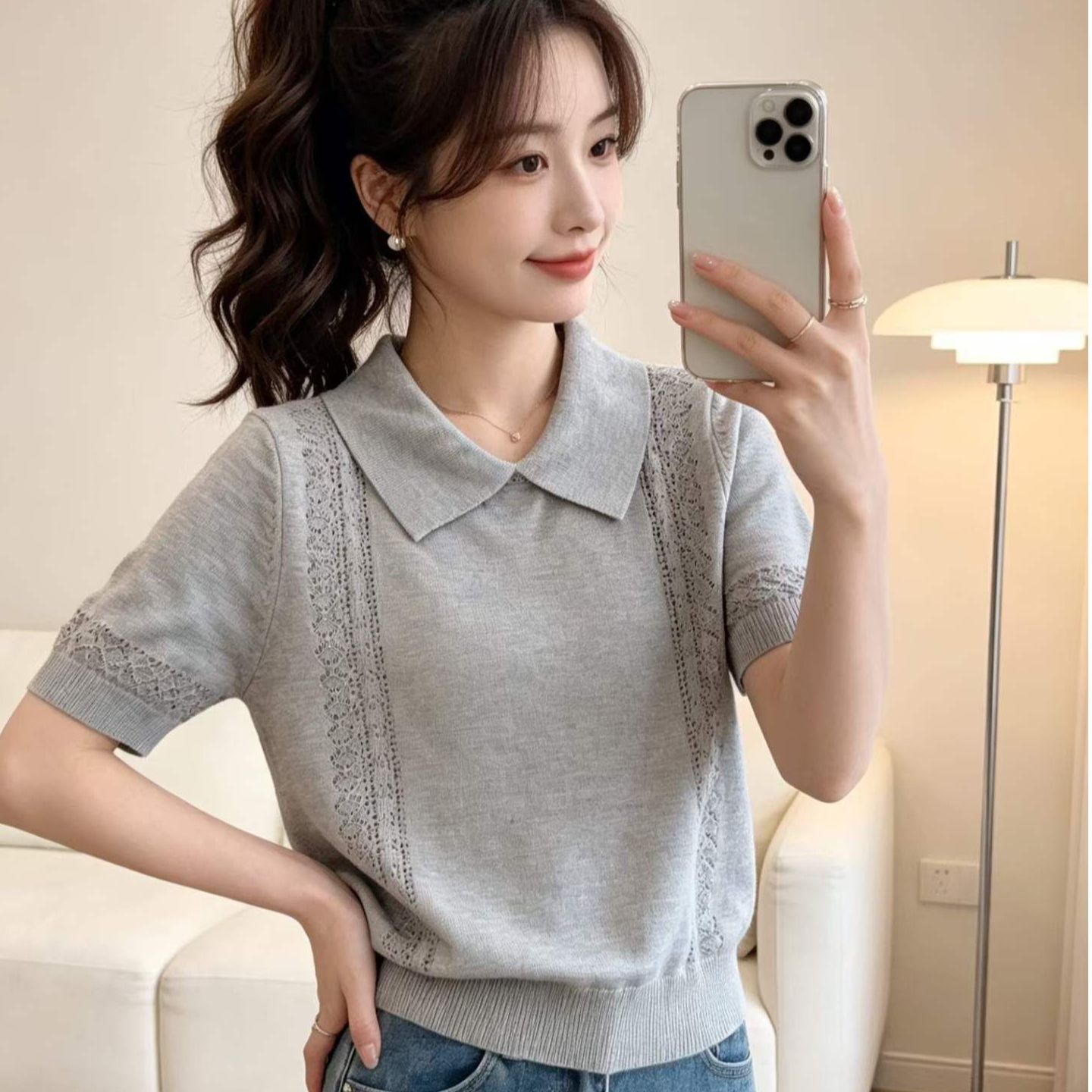 2026 년 여름 새로운 디자인 센스 달콤함 품격 출퇴근 POLO 칼라 니트 홀로우 아웃 패치워크 풀오버 반팔