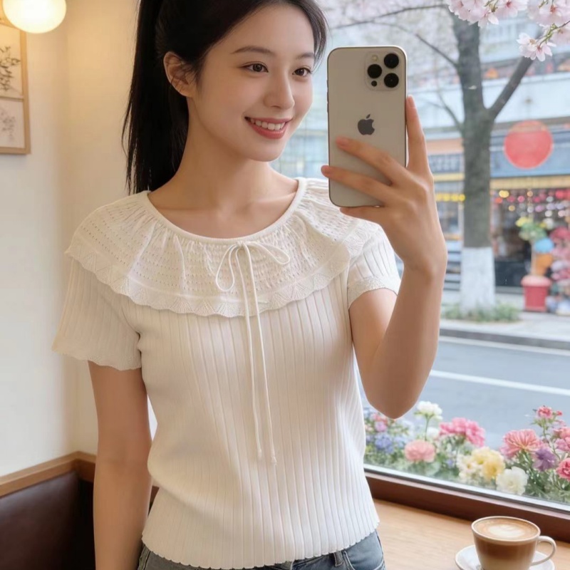 부드러운 바람 홀로우 아웃 프릴 레이스업 니트 스웨터 여성 2026 여름 새로운 몸매 가꾸기 슬림해 보이는 다용도