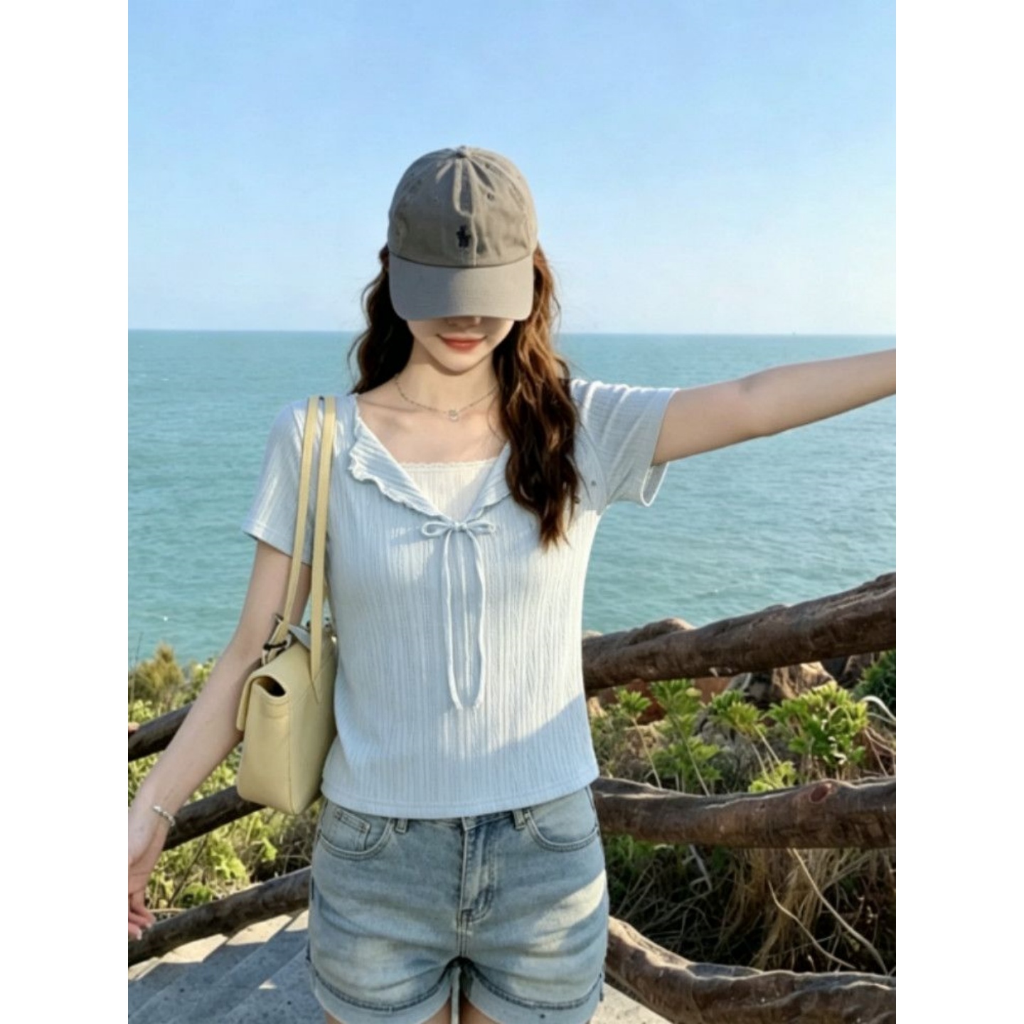 여름 나비 스트랩 프릴 소녀 파란색 달콤함 페이크 레이어드 반팔 티셔츠 디자인 센스 몸매 가꾸기 맨위 여성