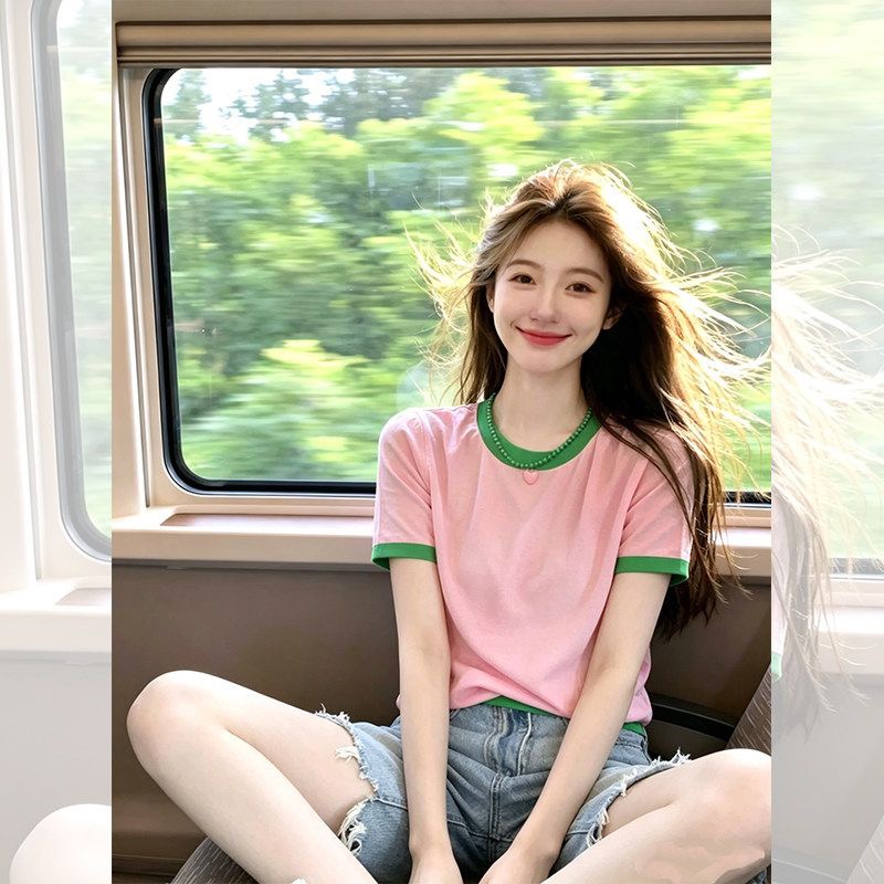 한 부서 미니멀리즘 학원 스타일 고급 센스 반팔 티셔츠 패치워크 도파민 여름 새로운 맨위 여성
