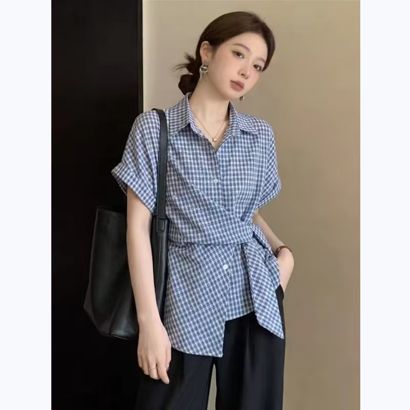 프랑스식 고급 센스 스트랩 셔츠 여성용 짧은 소매 여름 새로운 꼬집기 허리 작은 대중 허리 수축 맨위 외출용 슬림해 보이는
