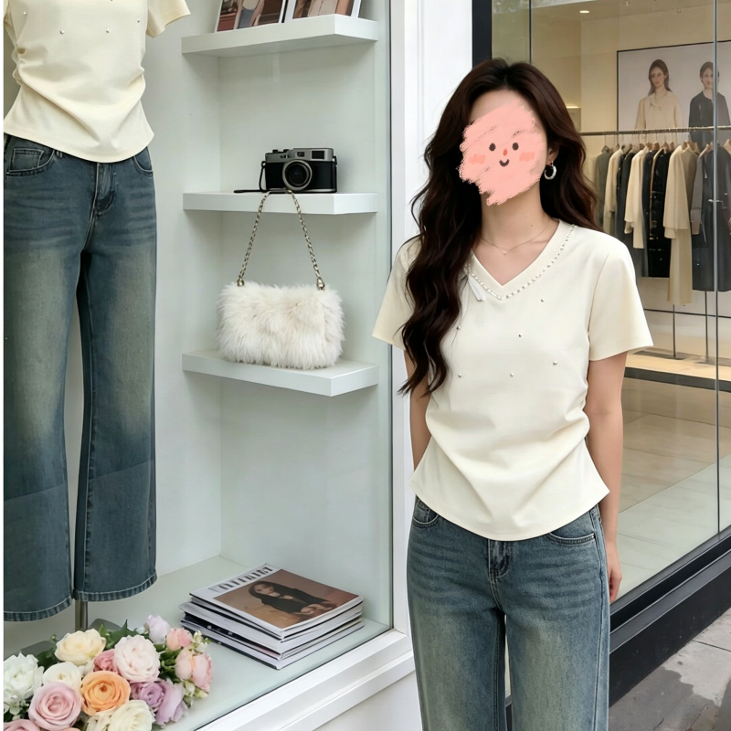 1 1 92 면 8 암모니아 Lun 여름 빅 사이즈 지방 mm 달콤한 스타일 비즈 박기 V넥 반팔 티셔츠 여성