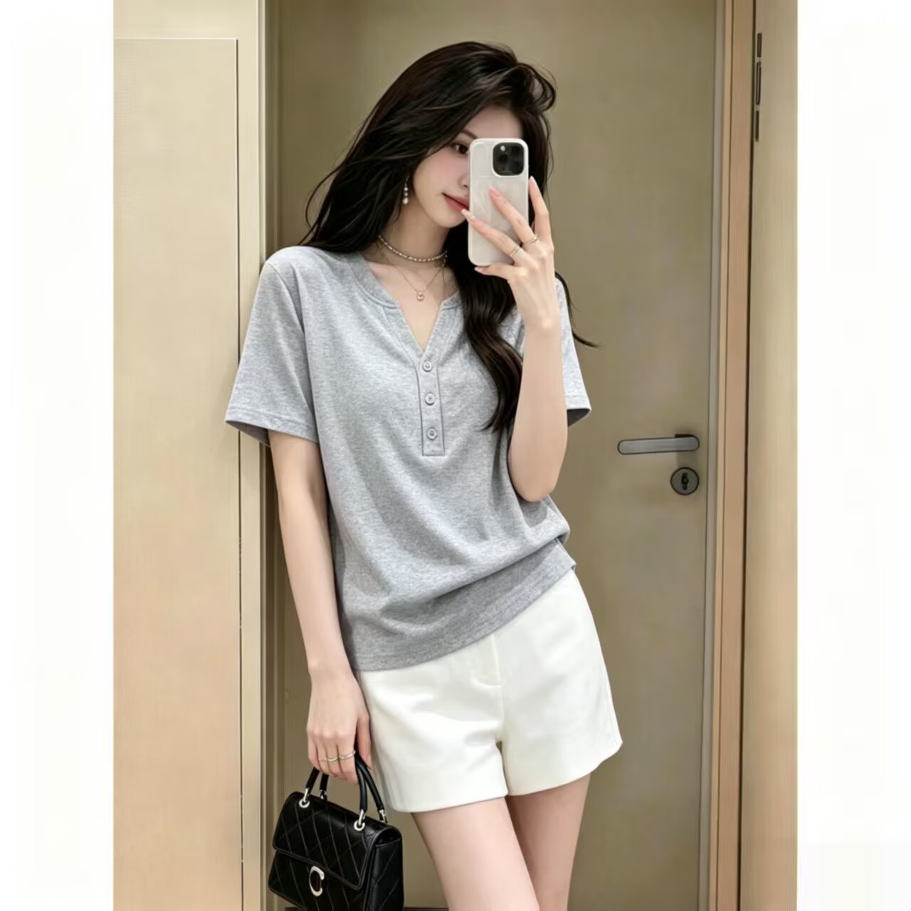 디자인 센스 작은 대중 V넥 단추 반팔 티셔츠 긍정적 인 어깨 다용도 순면 맨위 서비스 패션 품격 디스플레이