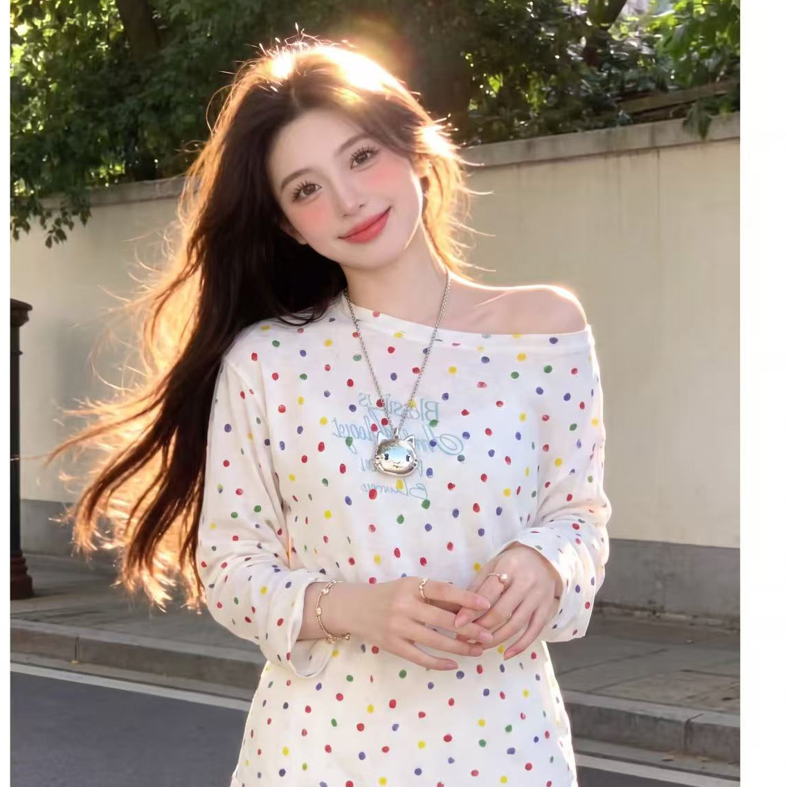 눈꽃 면 160 그램 자외선 차단 의류 도트 무늬 긴팔 블라우스 티셔츠 맨위