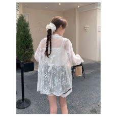 批发韩系<b class='q'>白色</b>蕾丝拼接衬衫女夏季薄款防晒外套上衣女