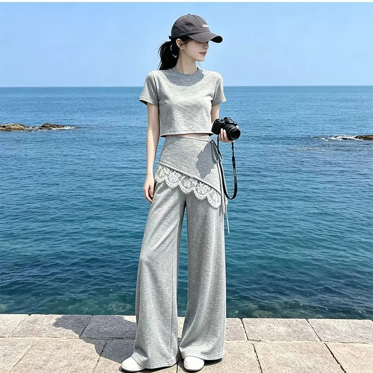 레이스 조각 캐주얼 후드티 와이드 레그 팬츠 세트 여성 여름 다용도 새로운 반팔 티셔츠 외국 가스 투피스 세트 트렌디