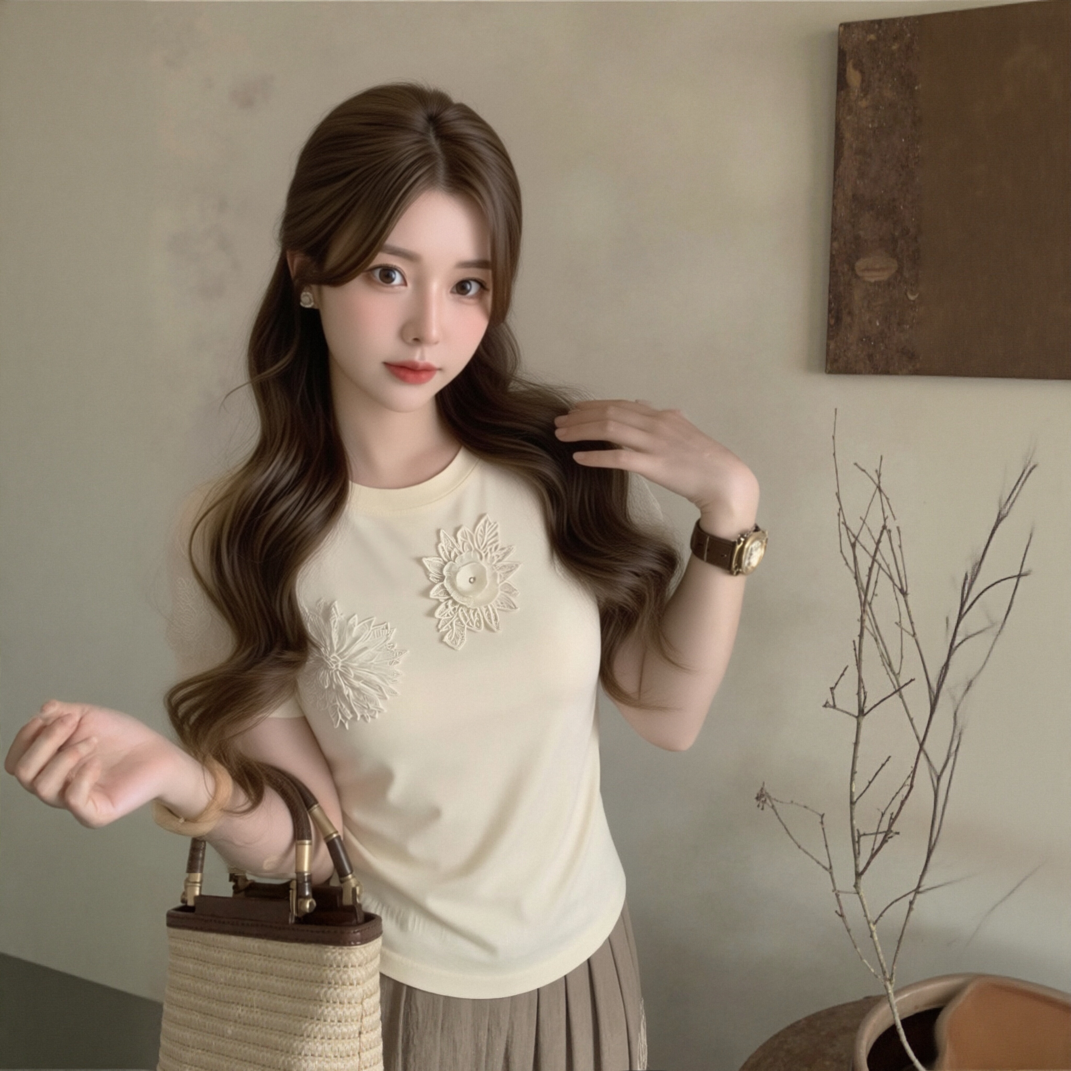 2026 빅 사이즈 여성 의류 티셔츠 3 차원 꽃 황색 반팔 맨위 여성 루즈핏 디자인 센스 다용도 고급 센스 티셔츠