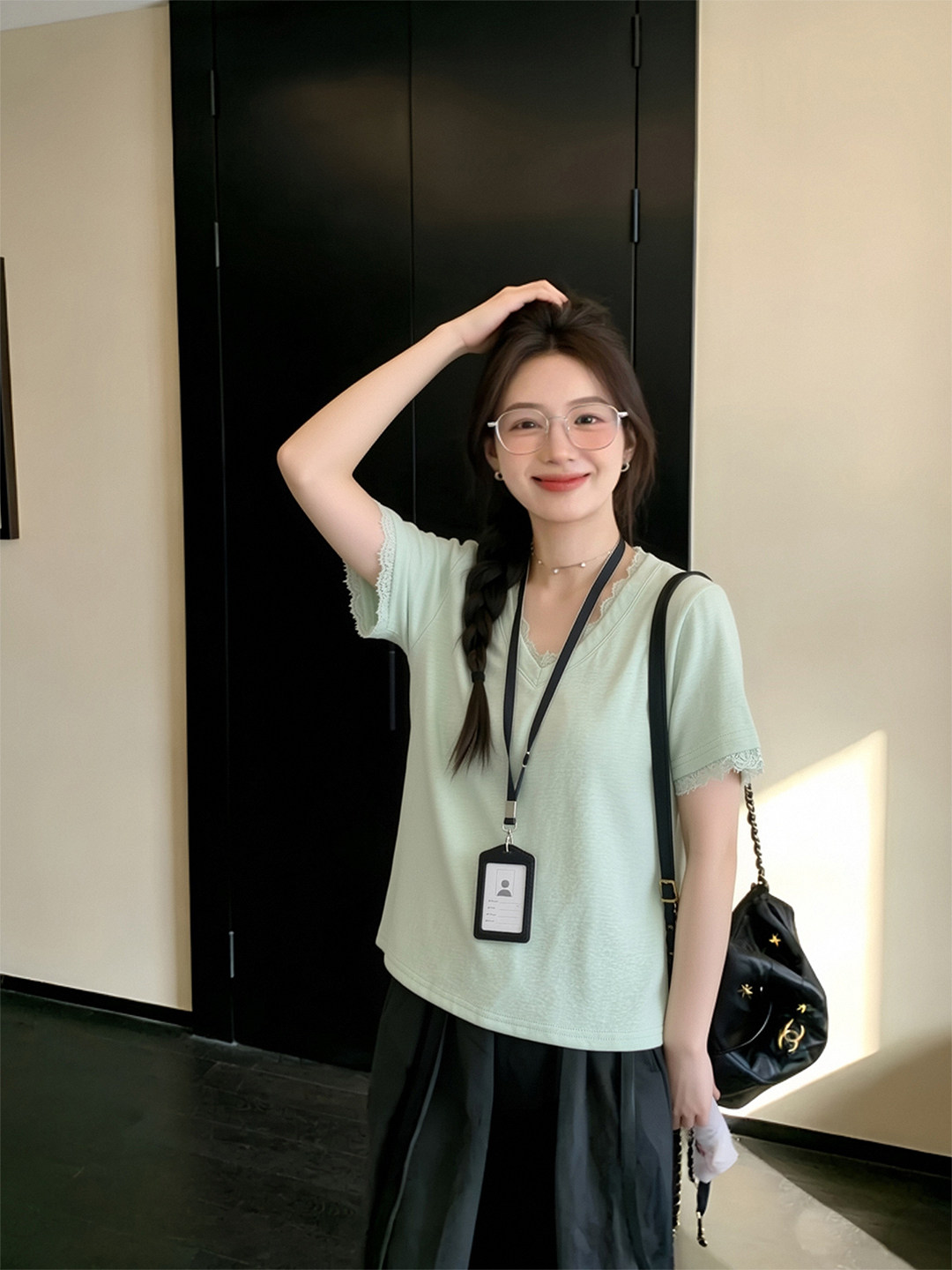 사람들 면 260 그램 한 부서 미니멀리즘 부드러운 바람 레이스 조각 반팔 티셔츠 루즈핏 박하 녹색 디스플레이 화이트 맨위 여성