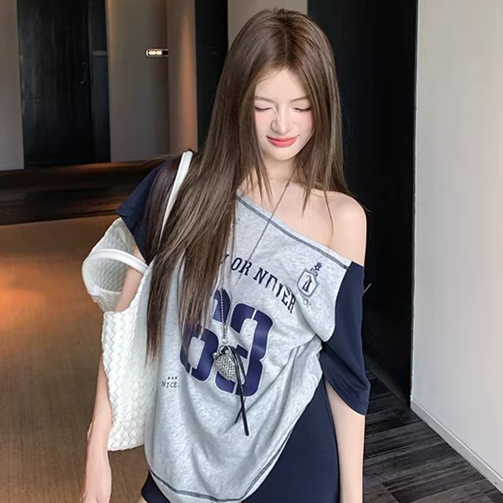원본 것 여름 삽입 어깨 소매 아메리칸 루즈핏 비스듬한 어깨 운동 반팔 여성 티셔츠 맨위