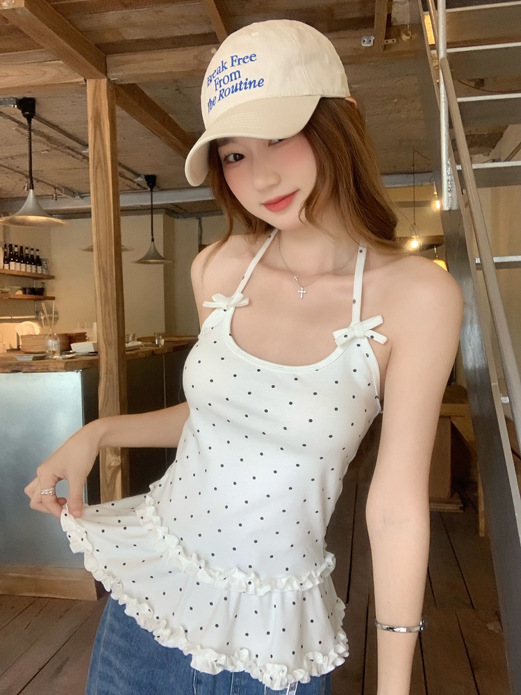 순수한 욕망 도트 무늬 나비 매듭 행침 목 조끼 슬립 인사이드 가져 가라. 외출용 여성 프릴 밑단 맨위