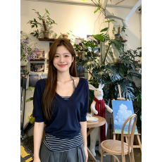 人棉韩系V领短袖t恤套装女2026夏季条纹吊带宽松罩衫上衣