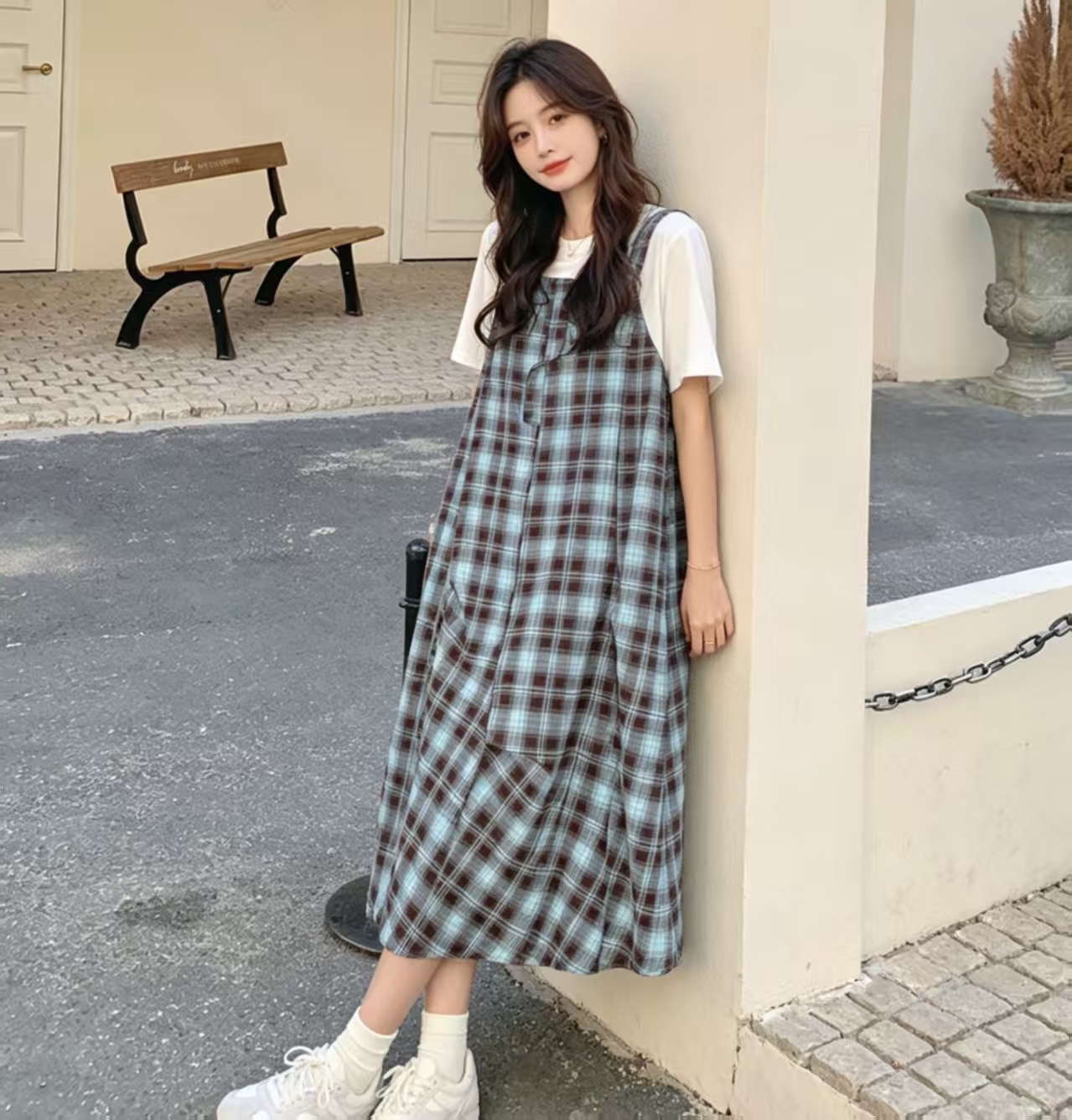 페이크 레이어드 디자인 센스 체크무늬 패치워크 여성 드레스 여름 새로운 작은 키 Chic 캐주얼 슬림해 보이는 A라인 스커트