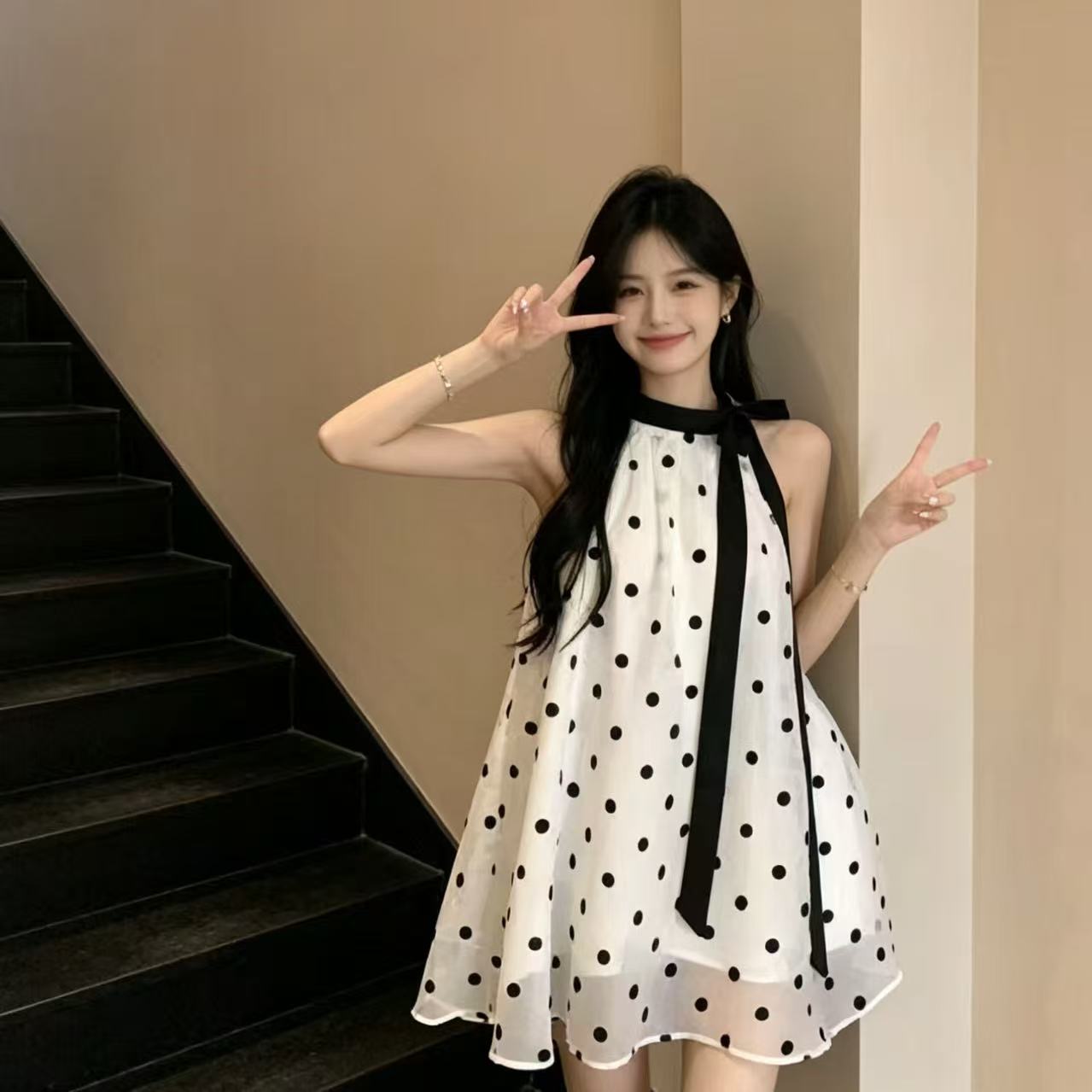 작은 키 도트 무늬 외국 가스 드레스 봄 2026 새로운 루즈핏 행침 목 A라인 스커트 미니 스커트 여성 의류 chic 트렌디