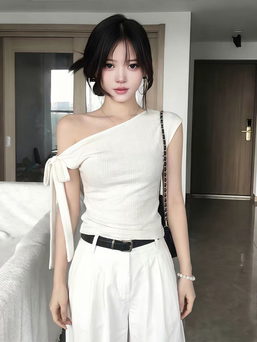 원본 원단 불규칙 구덩이 기사 230 크 작은 대중 불규칙 비스듬한 어깨 반팔 티셔츠 여성 셔츠