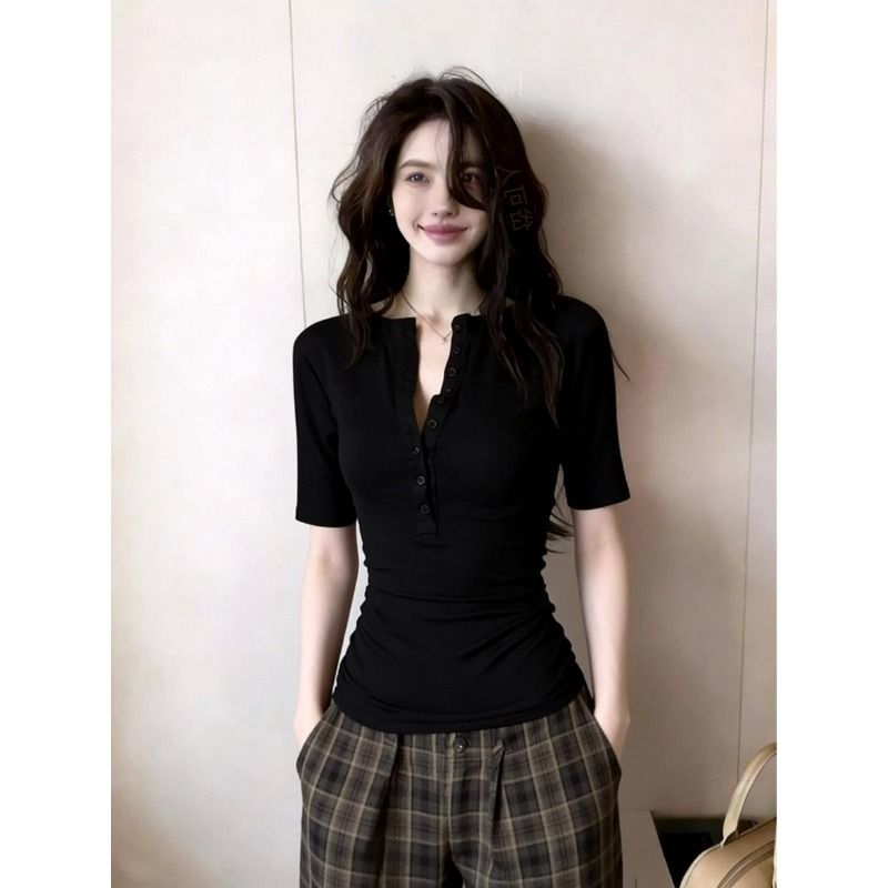 한 부서 순면 5 점 소매 검정색 긍정적 인 어깨 반팔 티셔츠 여성 여름 새로운 몸매 가꾸기 슬림해 보이는 허리 수축 맨위