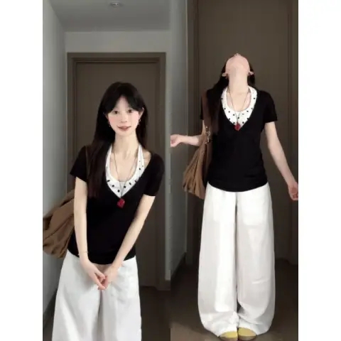 순면 1 1 페이크 레이어드 도트 무늬 검정색 긍정적 인 어깨 반팔 티셔츠 여성 2026 여름 몸매 가꾸기 슬림해 보이는 쇼트 스타일 맨위