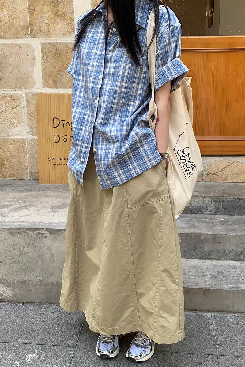 한 부서 아메리칸 여름 새로운 디자인 센스 루즈핏 슬림해 보이는 체크무늬 반팔 여성 셔츠 레트로 캐주얼 다용도 맨위
