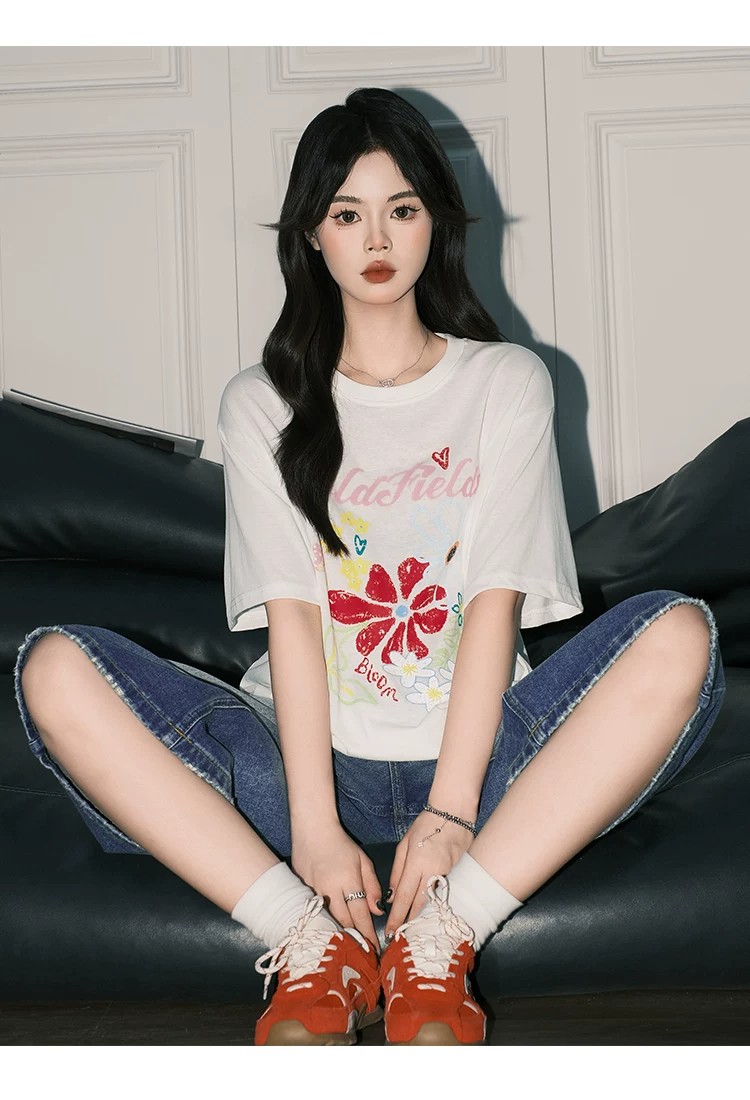 꽃 프린트 라운드 넥 티셔츠 여성 레저 반팔 맨위