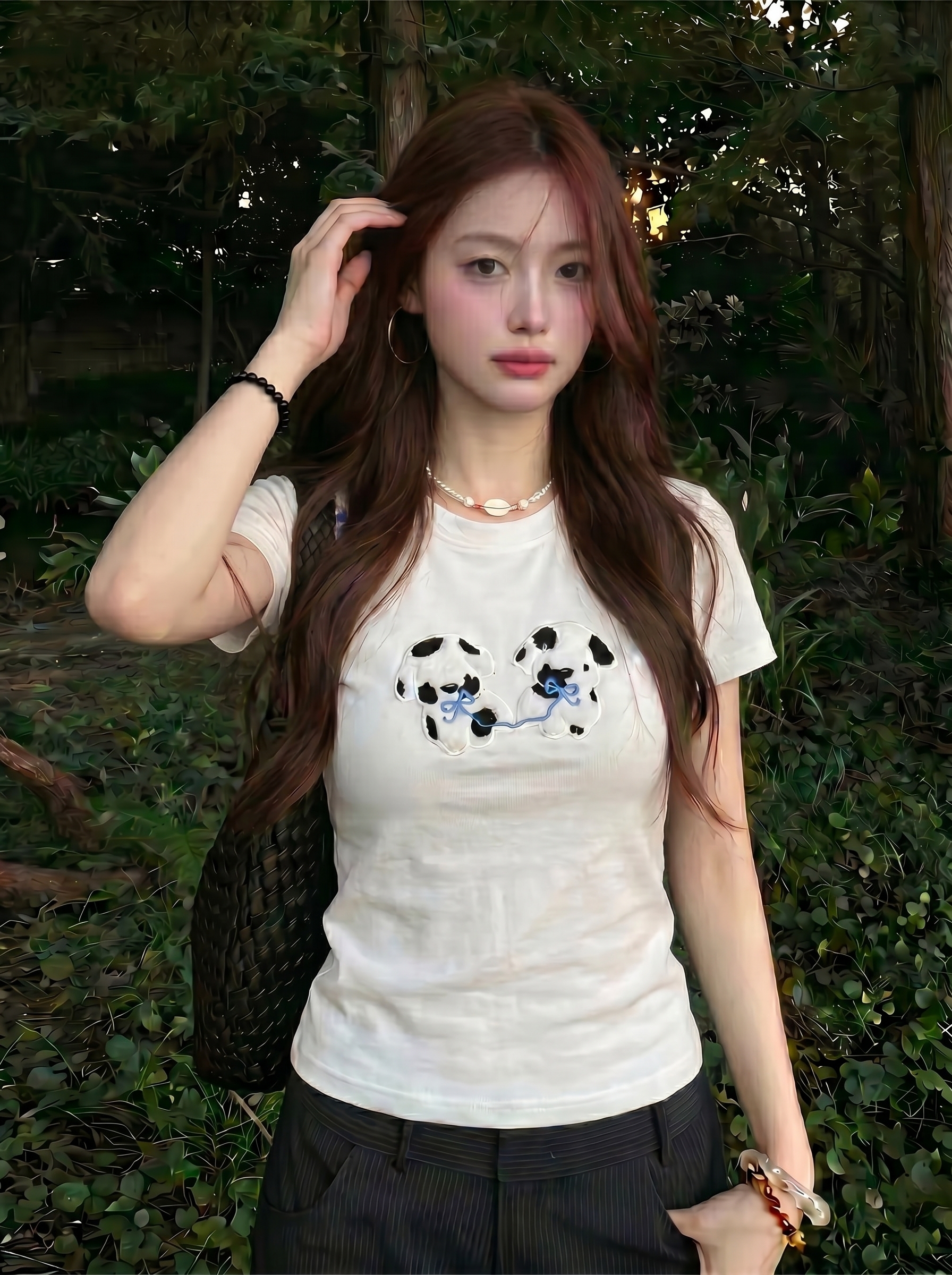 순면 아메리칸 레트로 핫걸 바람 강아지 자수 디자인 센스 작은 대중 긍정적 인 어깨 반팔 여름 새로운 다용도 맨위